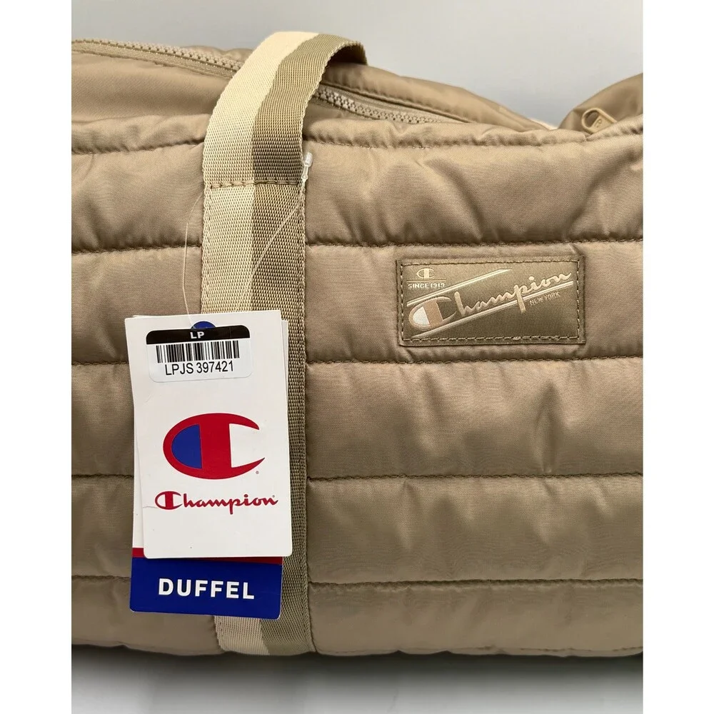 NWT Champion Billie Quilted Duffel Bag Beige Puffer Weekender Gym Travel Tote